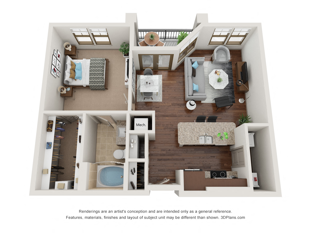 Floor plan for 1 bed, 1 bath, 774 sqft